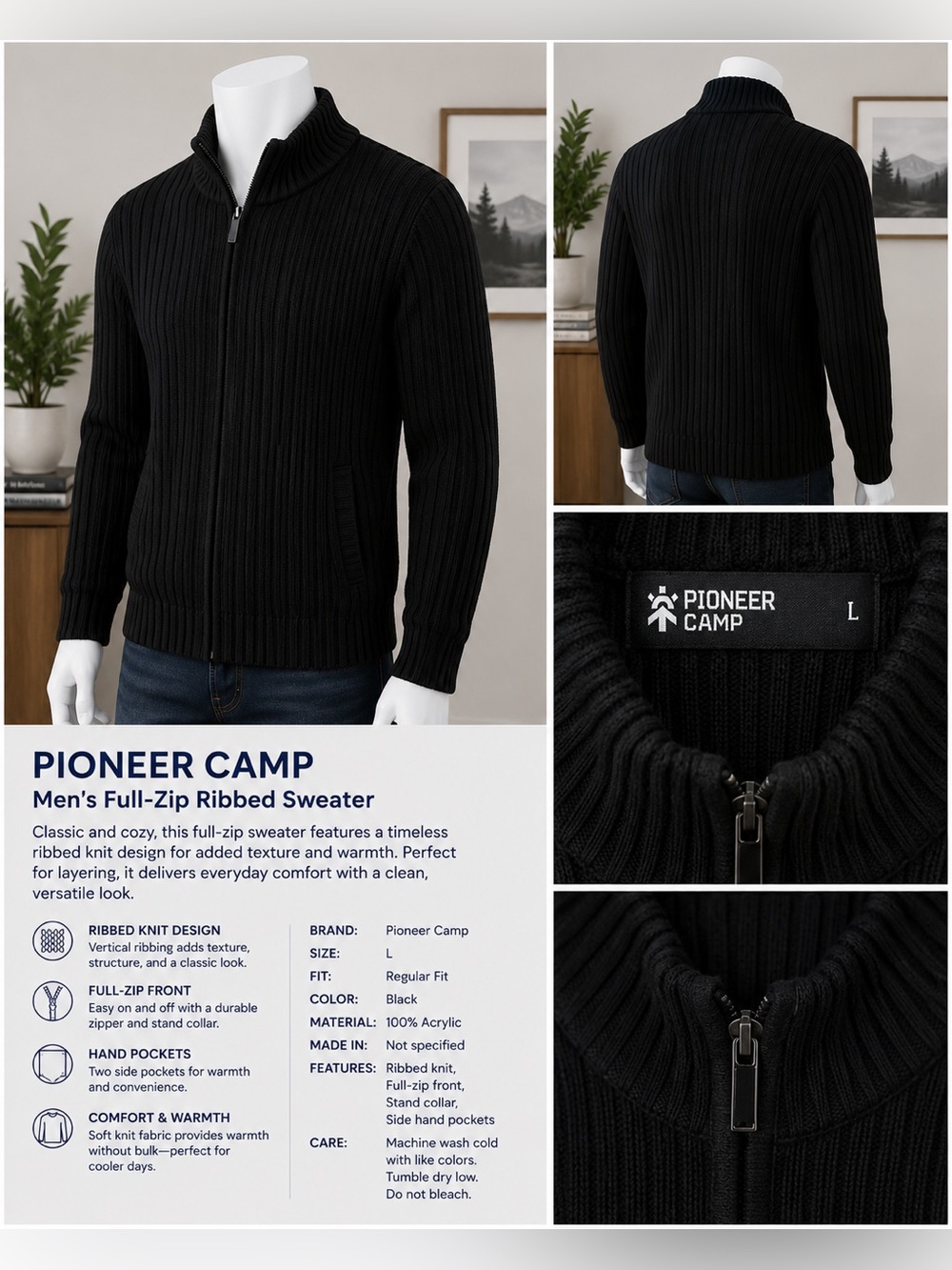 Men’s SweaterPIONEER Black Ribbed Full-Zip